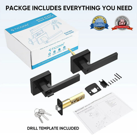 Matte Black Door Handle Set Built Tough Heavy Duty Reversible Square Lever For Bedroom And Bathroom With Keyed Entry And Keyed Alike 1 Pack Premium Zinc Alloy With Brass Parts Rust Resistant Finish And Smooth Powder Coated Hardware, shown with box and assembly components.