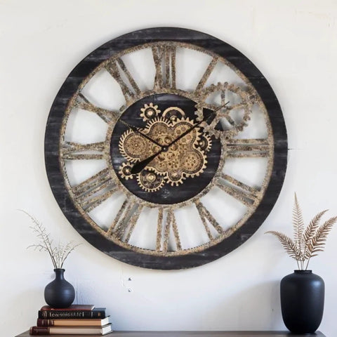 36 Inch Oversized Wall Clock With Real Moving Gears Vintage Industrial Decor Rustic Farmhouse Accent Piece Black Wood Bronze Finish on wall with gears visible.