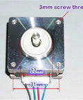 Front view of a 39x39mm NEMA-16 flange stepper motor with a 5mm shaft, wired, showing mounting screws and dimensions.