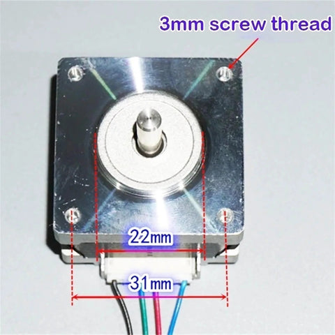 Front view of a 39x39mm NEMA-16 flange stepper motor with a 5mm shaft, wired, showing mounting screws and dimensions.