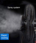 Heavy Duty Misting Floor Fan With Oscillating Pedestal Stand And Super Quiet Industrial Air Circulator spraying mist for rapid cooling.