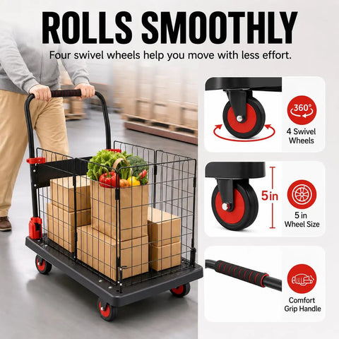 Foldable Cage Cart And Flatbed Hand Truck 2 In 1 Multi Purpose Dolly With 660 Lbs Capacity For Grocery Laundry Garage Warehouse Four Swivel Wheels Heavy Duty All In One, 35 by 24 by 39 in