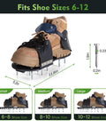 Lawn Aerator Shoes With Ankle Protection And Adjustable Straps, sizes 6-12, illustration showing dimensions and spike details.