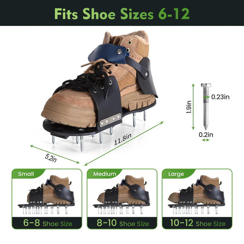 Lawn Aerator Shoes With Ankle Protection And Adjustable Straps, sizes 6-12, illustration showing dimensions and spike details.