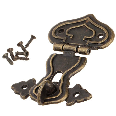 Five Piece Set Of Retro Antique Bronze Heart Shaped Box Hasp Lock Latches Featuring Tough As Nails Zinc Alloy Construction And Smooth Brass Plating To Keep Your Jewelry Boxes Solid And Fade Free Always, showing detailed latch with screws.