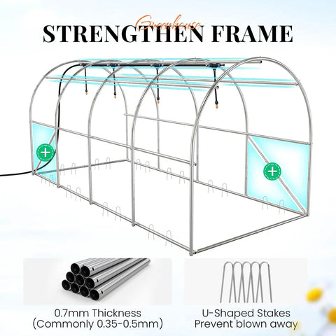 Backyard Growers Favorite 15x7x7 Ft Walk In Greenhouse With Pro Grade Heavy Duty Galvanized Steel Frame Mesh Door Screen Window Hoop Tunnel Design White Finish Includes Brass Irrigation Kit For Easy Watering