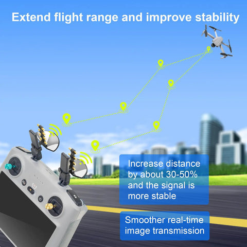 Long Range Drone Remote Antenna Booster for RC 2 and RC Pro Controllers showing extended signal path to drone