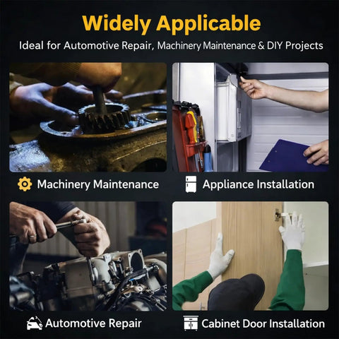 Collage of automotive repair, machinery maintenance, appliance installation, and cabinet door installation images