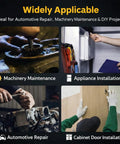Collage of automotive repair, machinery maintenance, appliance installation, and cabinet door installation tasks.