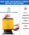 Hand holding yellow filter for Vacmaster Shop Vac 5 to 20 Gallon, compatibility details, not for listed models, 2 Pack Replacement Filter For Hart Wet Dry Vacuums 5 To 20 Gallon, VCFS Standard Disposal Cartridge Filters For Wet Dry Vacuum Cleaners