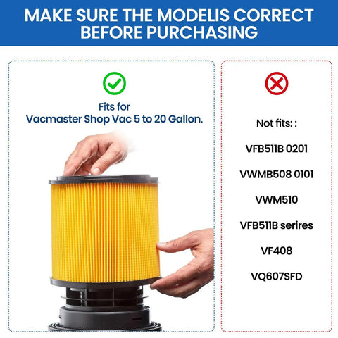 Hand holding yellow filter for Vacmaster Shop Vac 5 to 20 Gallon, compatibility details, not for listed models, 2 Pack Replacement Filter For Hart Wet Dry Vacuums 5 To 20 Gallon, VCFS Standard Disposal Cartridge Filters For Wet Dry Vacuum Cleaners