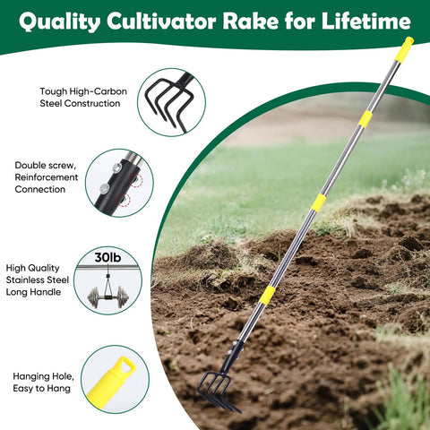 Heavy Duty Garden Hand Tiller Cultivator With Four Tines Adjustable Long Handle for weeding and soil loosening in gardens