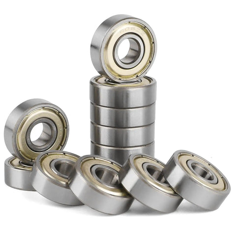 608 ZZ Skateboard Bearings Pack Of 20, Double Shielded Miniature Ball Bearings 8x22x7 For High RPM, Smooth Cruising, Carbon Steel Durability, Shields On Both Sides Keeps Lubricant In And Dirt Out. Pack of shielded 608ZZ bearings stacked