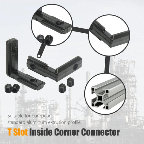 Close-up of 20 Pcs T Slot Inside Corner Connector With Screws For 2020 Series Aluminum Extrusion Black Gusset L Bracket.