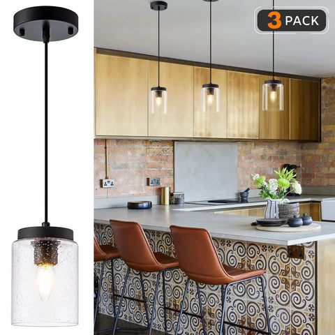 Industrial Mini Pendant Light Set With Bubble Seeded Glass Hanging Light Fixture For Kitchen Island Over Sink And Dining Room, Black Finish, 3-Pack Bundle above modern kitchen island.