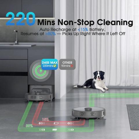 Robot Vacuum And Mop Combo With LiDAR Navigation, 75 Days Self-Emptying Base cleaning kitchen with dog nearby