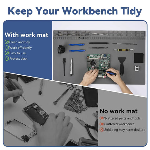 Beefy Extra Large Soldering Mat For Electronics Repair 932F Heat Resistant Silicone Workbench Pad shown organizing tools and parts.