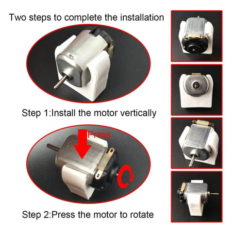 18 Piece 3V DC Motor Kit For STEM Projects And Toys With 24000 RPM Gear Train 252 Plastic Gears Includes 2 AA Battery Holder And Wires, showing motor installation steps