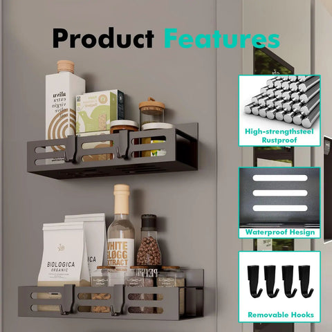 Heavy Hitter 2 Pack Magnetic Spice Rack For Refrigerator Rugged Black Fridge Shelf And Kitchen Cabinet Organizer Clean Holder For Spices Sauces And Pantry Herb Storage