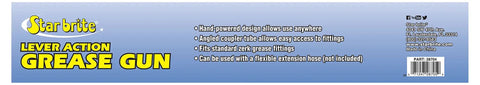 Packaging of Beefy Standard Duty Lever Grease Gun for 14 oz cartridge displayed with specifications.