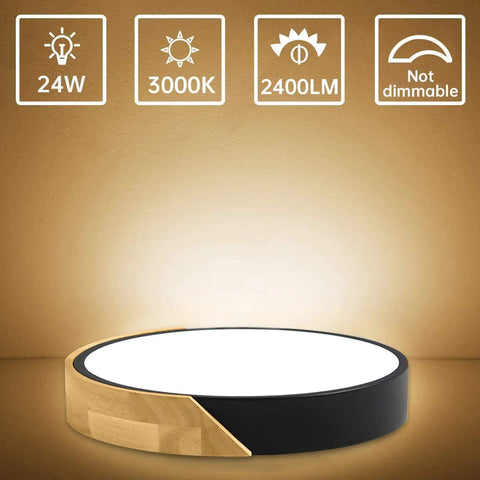 Round Wood Grain Black Flush Mount Ceiling Light 12 Inch 24W LED Fixture, Warm White 3000K, Not Dimmable, Sleek Modern Minimalist