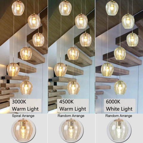 Dimmable Glass Globe Pendant Light Fixture With Champagne Finish, Modern LED Hanging Lamp, in spiral and random arrangements