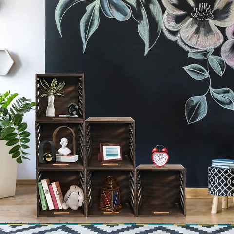 Wood Storage Bin Cube Crate With Handles Rustic Brown Decorative Box Stackable Shelf Basket Organizer for Closet and Bookcase