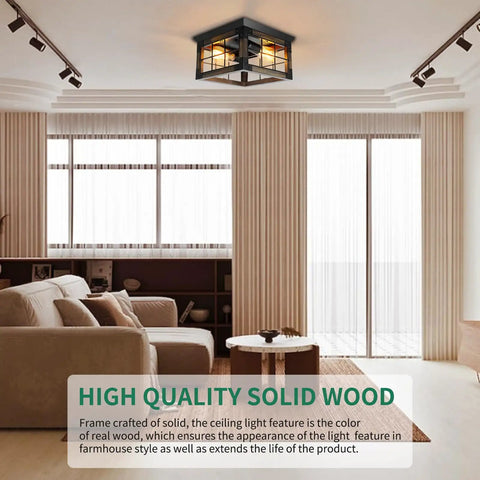 Two Light Farmhouse Style Black Wood Flush Mount Ceiling Fixture with solid wood frame in modern living room setting