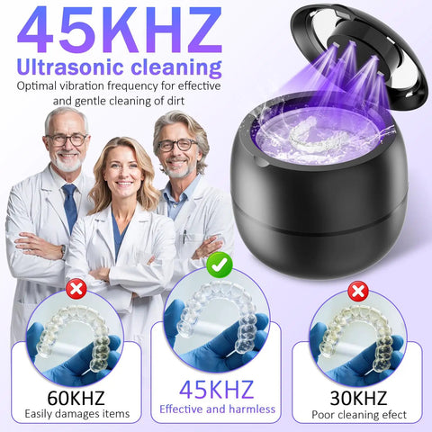 Pro Grade Deep Clean Ultrasonic Dental Cleaner 45kHz For Aligners Night Guards Dentures Braces Mouth Guards Jewelry And Toothbrush Heads With 4 Modes Digital Timer Retainer Cleaner Machine Black showing ultrasonic light with dental professionals, aligners comparison chart, and cleaner machine