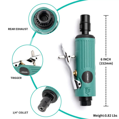Straight Shooter Air Die Grinder Kit with 6-inch length, 1/4" collet, trigger, and rear exhaust for precision garage grinds.
