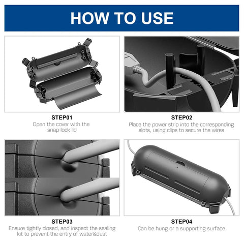 Steps for using the Two Pack Waterproof Outdoor Extension Cord Cover Weatherproof Electrical Connection Box for Outdoor Outlets Plugs Sockets Black