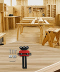 Precision Thin Ripping Guide Jig With Cool 3-Pulley System For Super Tight Cuts and Kickback Defense On Table Saws, jointers, and band saws placed on a wooden workbench.