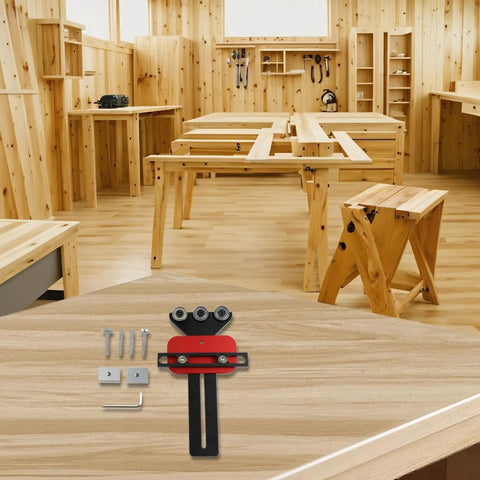 Precision Thin Ripping Guide Jig With Cool 3-Pulley System For Super Tight Cuts and Kickback Defense On Table Saws, jointers, and band saws placed on a wooden workbench.