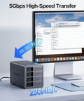 Heavy Duty Four Bay Aluminum Usb Three Zero External Hard Drive Enclosure Case With Rock Solid Rack Mount Design And Bad Ass Killer Storage Up To Eighty Eight Tera Bytes For Pro Video Editing And Massive Archives connected to a computer, displaying 5Gbps transfer speeds.
