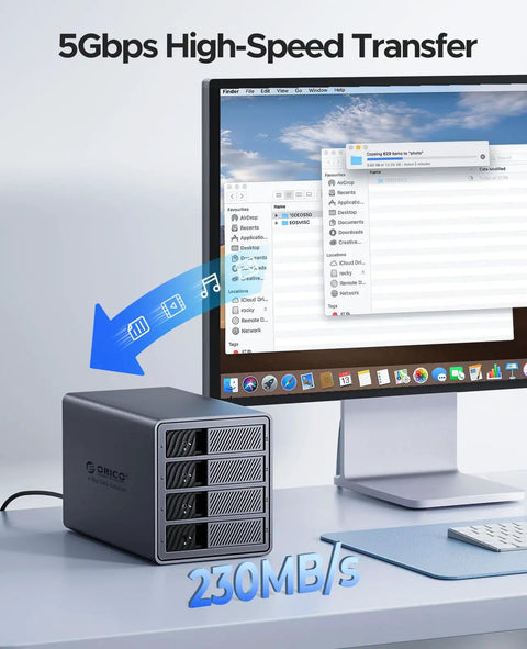 Heavy Duty Four Bay Aluminum Usb Three Zero External Hard Drive Enclosure Case With Rock Solid Rack Mount Design And Bad Ass Killer Storage Up To Eighty Eight Tera Bytes For Pro Video Editing And Massive Archives connected to a computer, displaying 5Gbps transfer speeds.