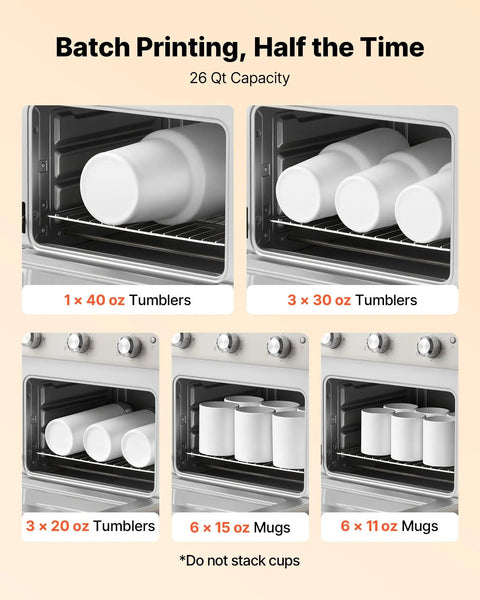Sublimation Oven Machine Kit For Tumblers Mugs Bowls 26 Qt With 360 Turbo Convection showing batch printing with tumblers and mugs.