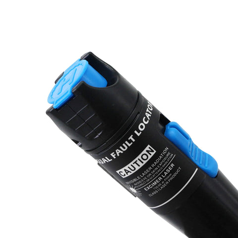 SinLoon visual fault locator for fiber optics, black handheld tester with blue tip caps, angled close-up view