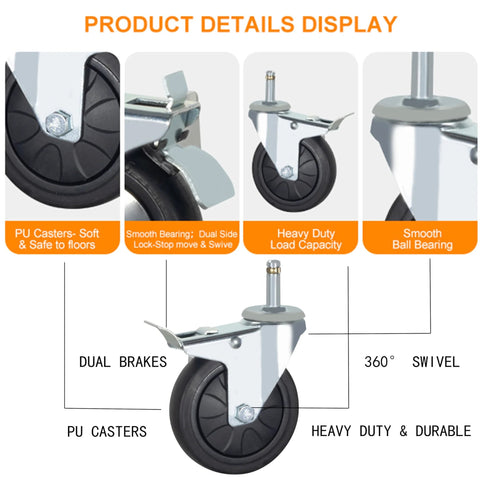 Stem Caster Wheels With Brakes, Swivel TPR Casters Set Of Four, Seven Sixteenths By One And Three Eighths Inch Stem