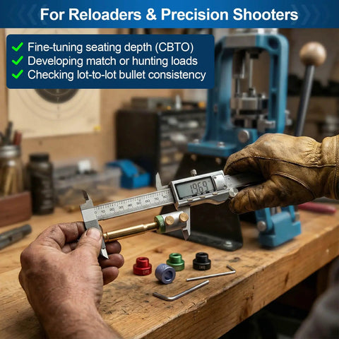 Bullet Comparator Kit With 14 Inserts For.17 To.45 Calibers, Pro Grade Reloading Gauge Tool in Anodized Aluminum Tin Box in use