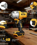 Grease Monkey Ready Brushless Cordless Impact Wrench 1/2 Inch High Torque 740 Ft Lbs with LED light and variable speed trigger.