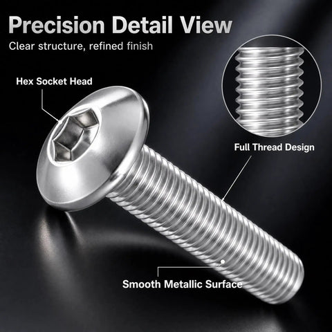 Beefy M3 Hex Socket Screws In 304 Stainless Steel, precision detail of hex head and thread design, 100-Piece Kit