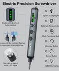 Detailed view of Badass Mini Electric Screwdriver Set With 70 Precision Bits And Five Variable Torque Settings showing controls and LED lights.