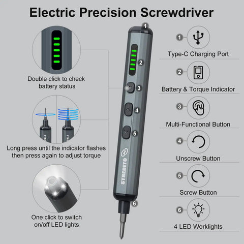 Detailed view of Badass Mini Electric Screwdriver Set With 70 Precision Bits And Five Variable Torque Settings showing controls and LED lights.