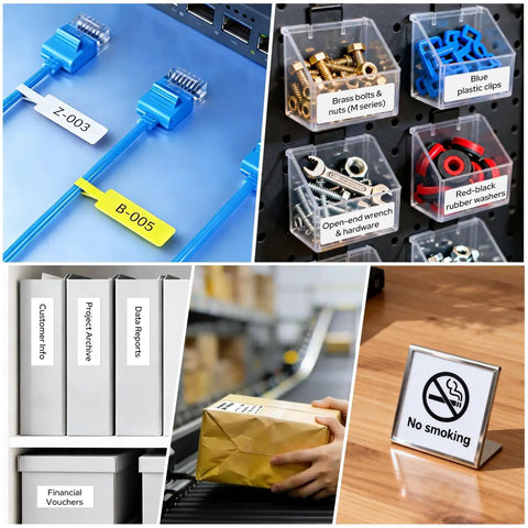 Rugged Industrial Label Printer With 2 Inch Print Head, Plug And Play Phone And Pc Sync, Beefy 2600 Mah Battery, Straight Up Job Site Workhorse For Cables, Assets, Electrical And Warehouse Markings on marked cables and storage bins.