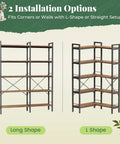 Dope L Shaped Corner Bookshelf With Metal Frame And Wooden Shelves Ten Open Shelves 49.4 Inch Wide Bookcase Rustic Brown Finish