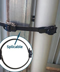 Heavy Duty Reusable Ratchet Cable Ties 12 Inch Grip Lock Straps With No Sweat Setup on a metal pipe, showcasing its tight hold.