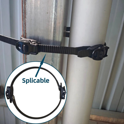 Heavy Duty Reusable Ratchet Cable Ties 12 Inch Grip Lock Straps With No Sweat Setup on a metal pipe, showcasing its tight hold.