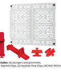 Rock Solid 10 Inch Universal Mounting Plate With Heavy Duty Ratchet Clamps For Secure Device Mounting Inside Structured Media Enclosures Keeps Wiring Neat And Setup Dead Simple In Clean White with red clips and accessories.