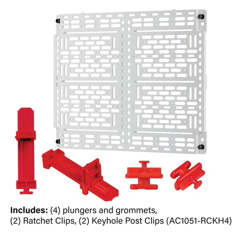 Rock Solid 10 Inch Universal Mounting Plate With Heavy Duty Ratchet Clamps For Secure Device Mounting Inside Structured Media Enclosures Keeps Wiring Neat And Setup Dead Simple In Clean White with red clips and accessories.