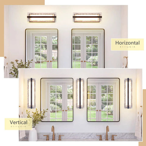 ElilyGiA 16 Inch Modern LED Wall Sconce Vanity Light, Black displayed in horizontal and vertical orientations next to mirrors.